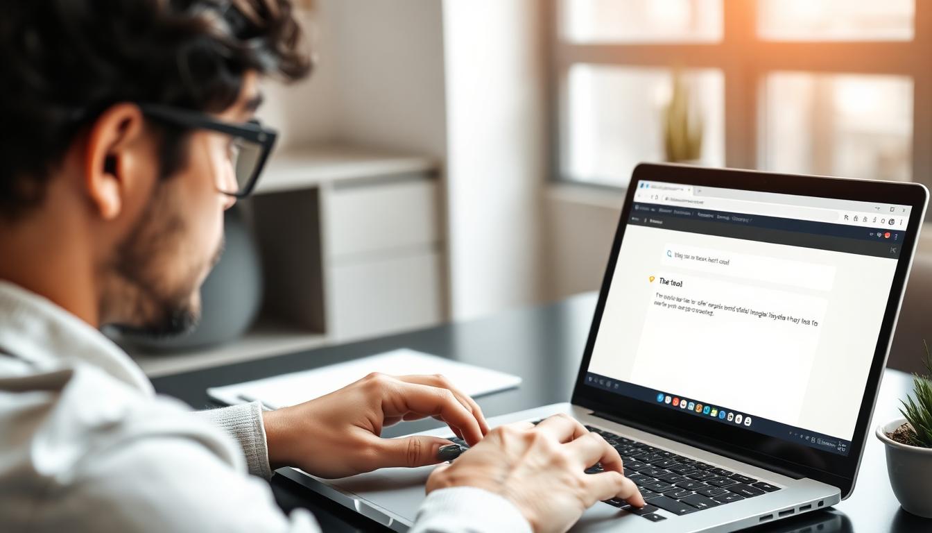 Person testing a text cleaning web application on a laptop in a modern workspace