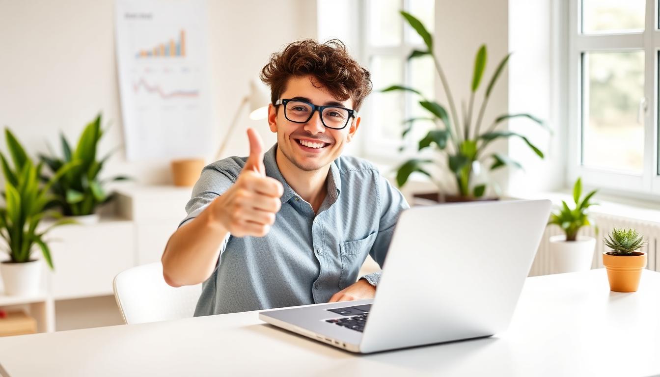 Happy person giving a thumbs up at a clean desk with a laptop showing a simple web tool
