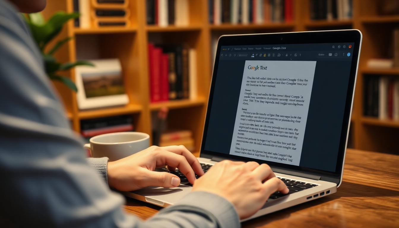 Person working on a document with clean pasted text in a home office with bookshelves