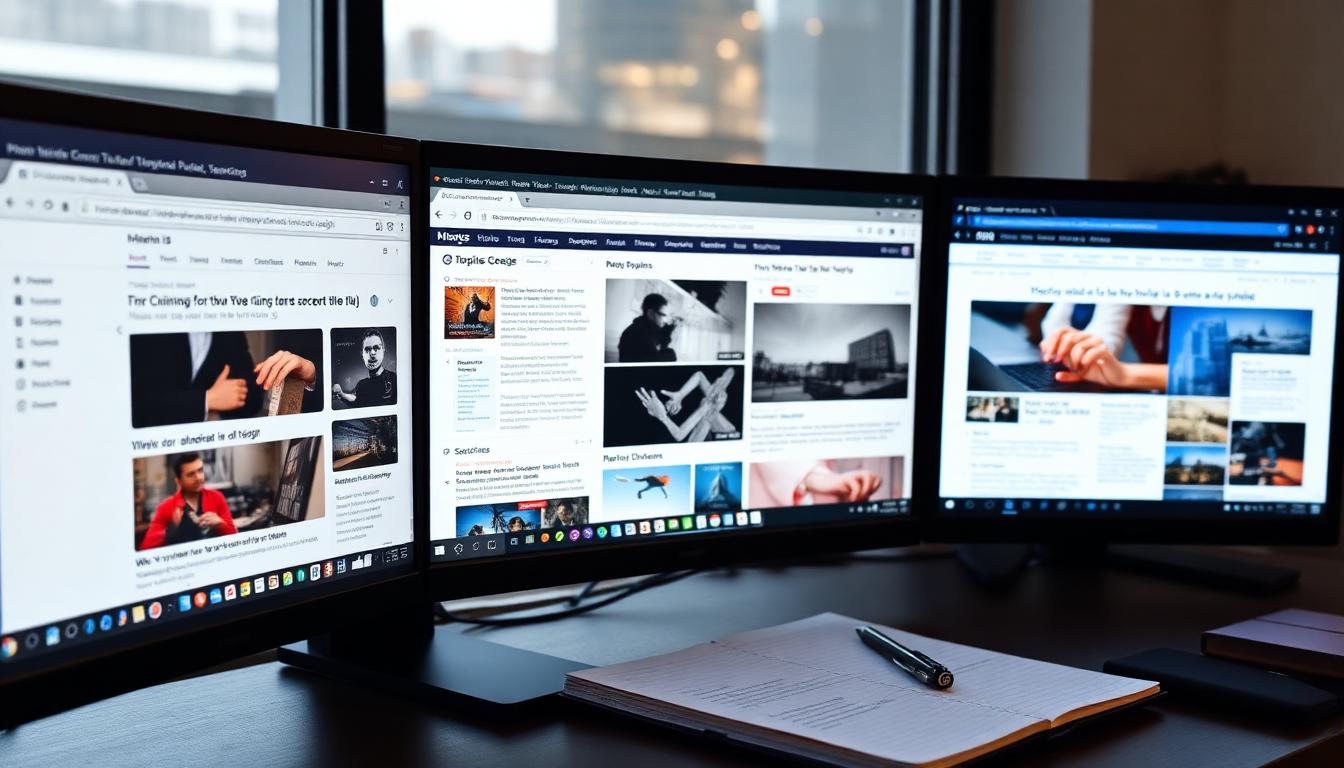 Multiple browser tabs open on a monitor showing research workflow with different websites