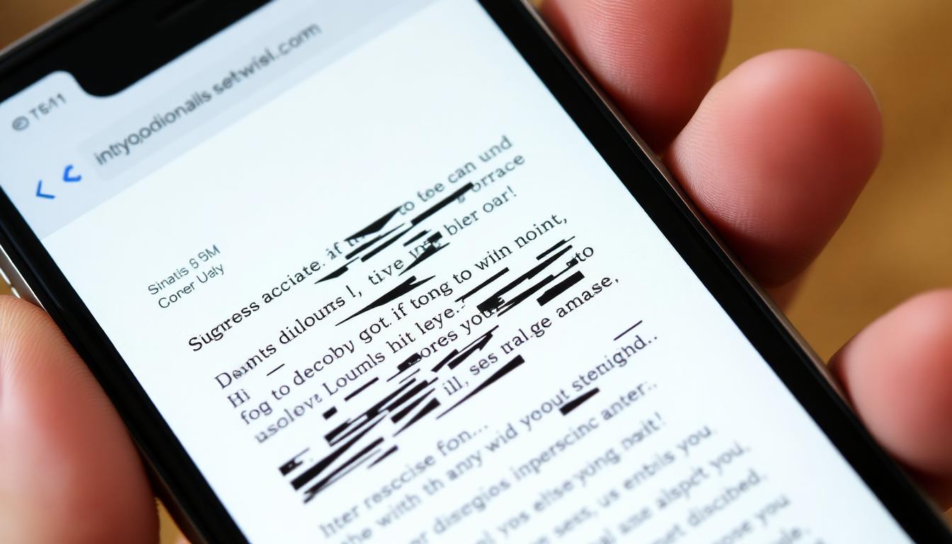 Smartphone showing an email with broken formatting and random line breaks
