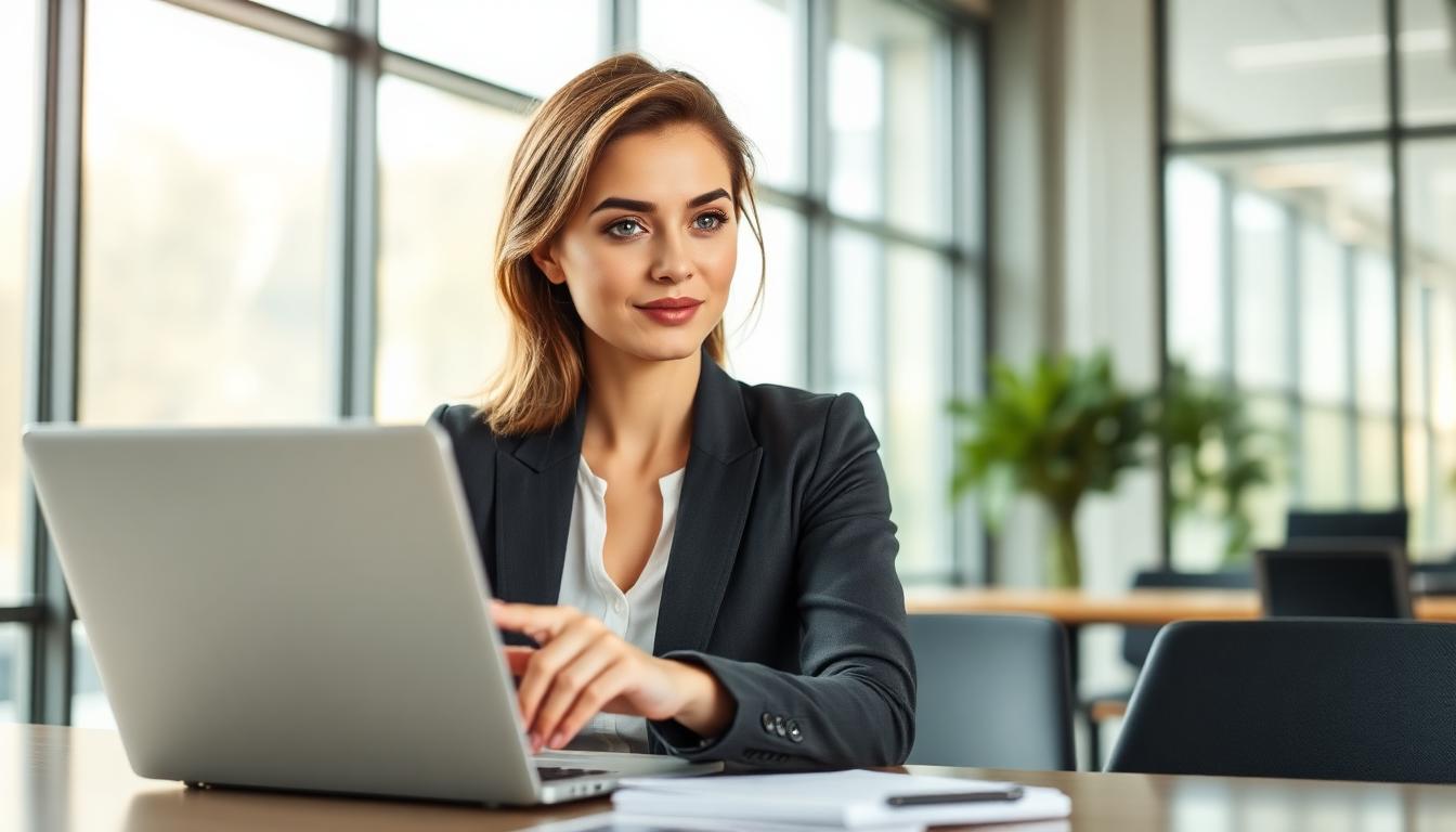 Professional woman confidently sending a well-formatted email on a laptop