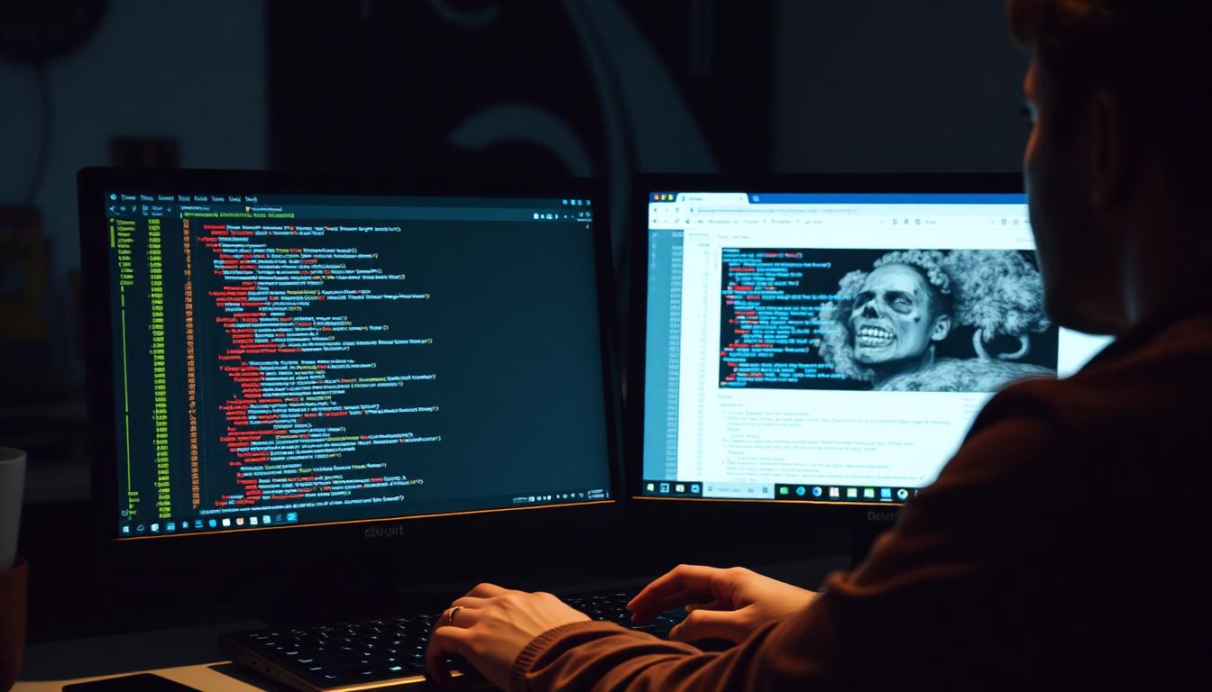 Developer debugging a web application on dual monitors looking for hidden character issues