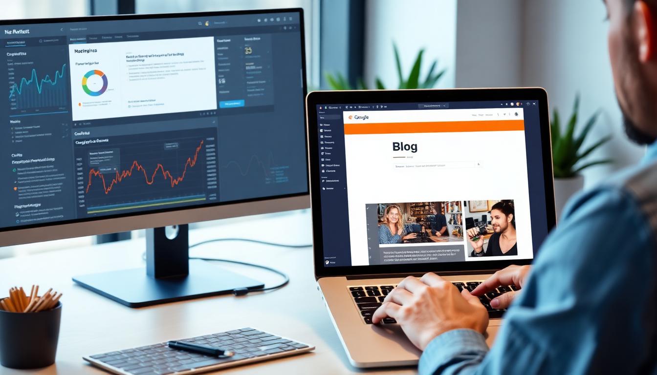 Digital marketer analyzing a blog post with SEO analytics on dual monitors