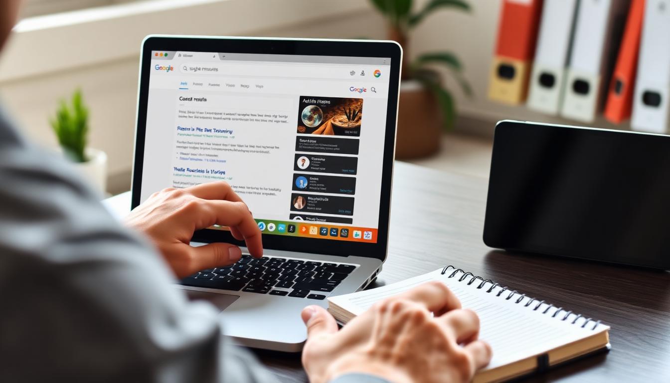 Person reviewing search engine results on a laptop while taking notes