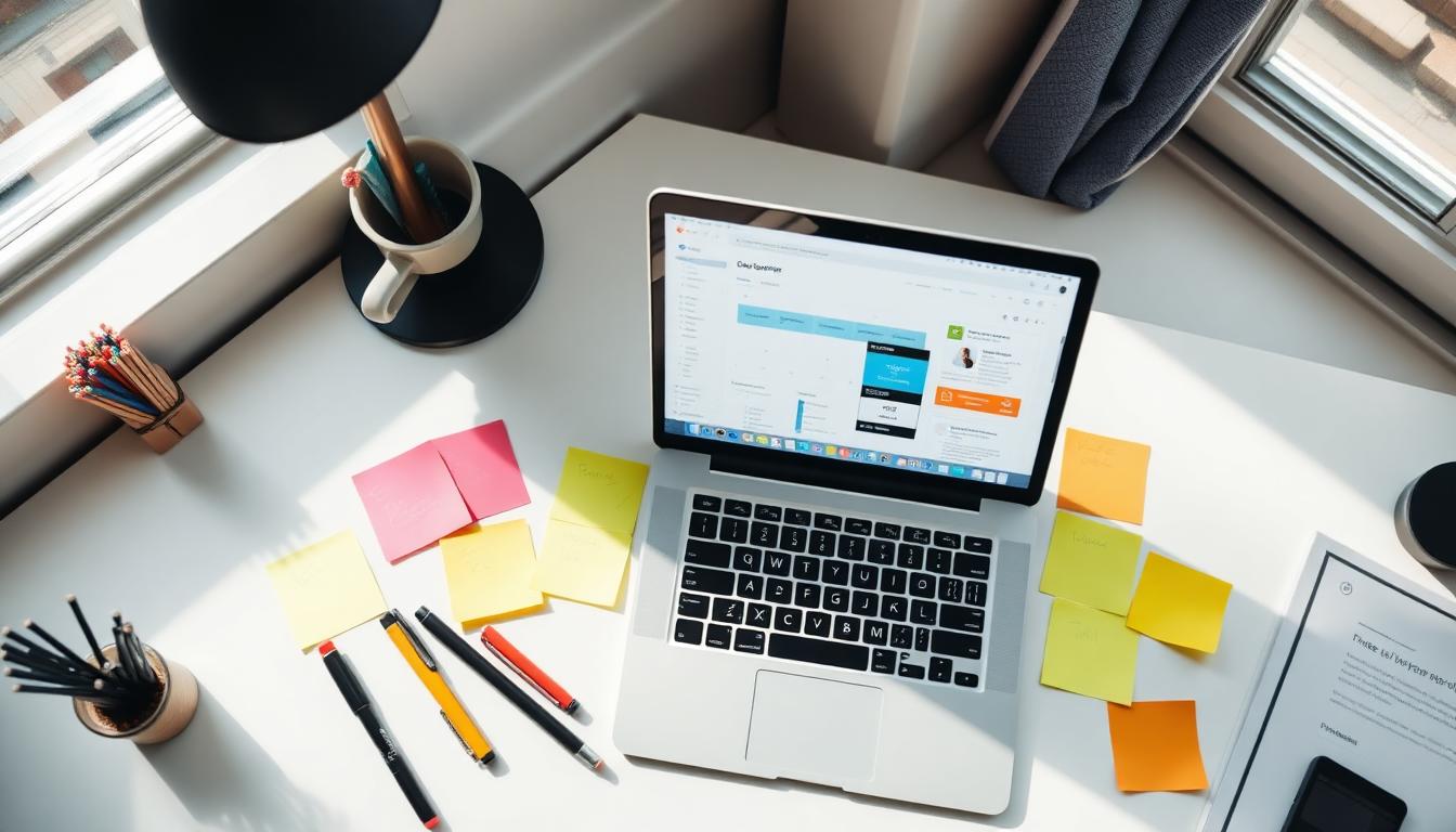 Content strategist working on a planning layout with sticky notes and a laptop